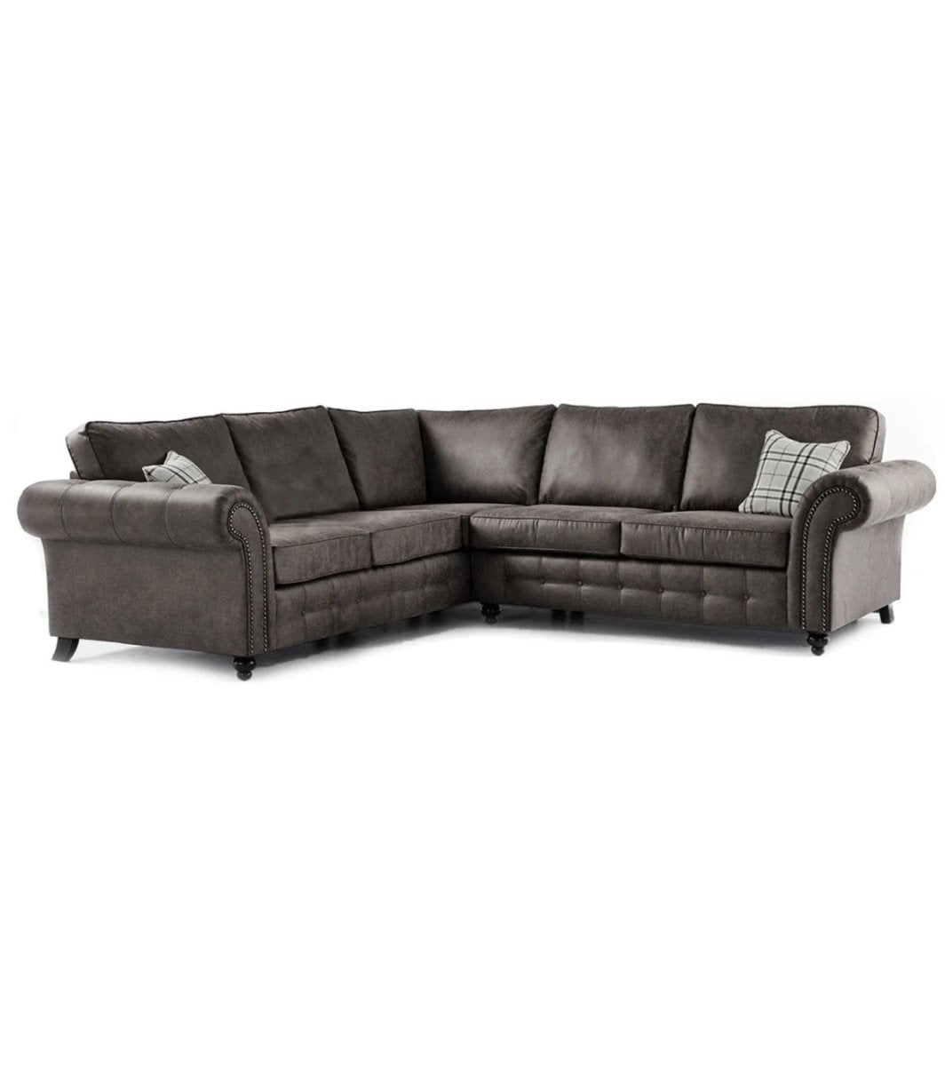 New Oakland ~ Brown / Black Suede Faux Leather Corner Sofa - Homely Sofas